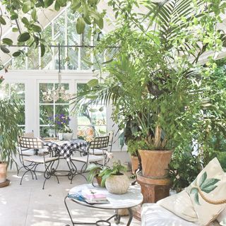 white orangery with garden funriture and an array of poted plants