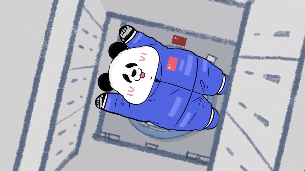 A still from an adorable cartoon from China depicting daily life on the country's Tiangong space station with Shenzhou 12 astronauts as pandas.