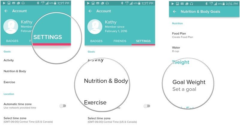 tap settings, then nutriton then goal weight