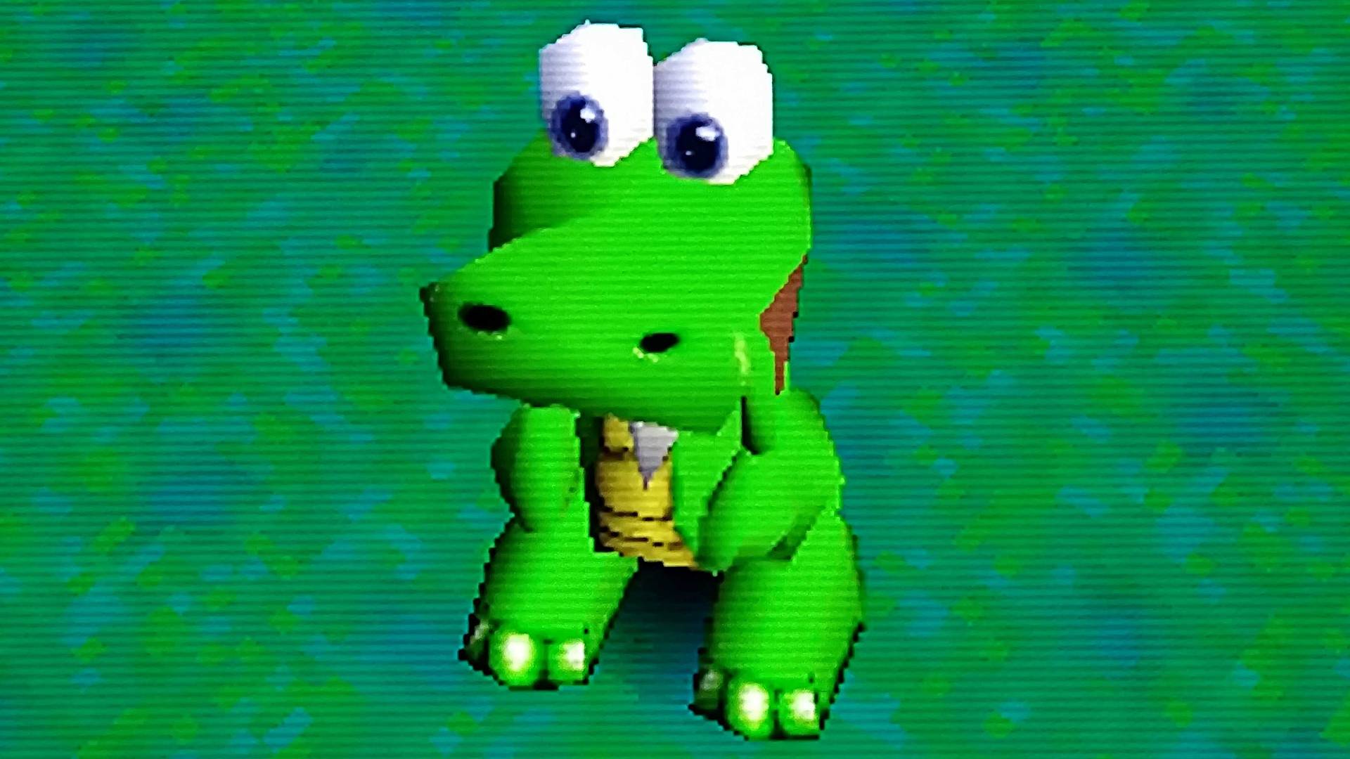 Close up of Croc sprite in 3DFX Glide PC version of game with OSSC applying subtle scanlines.
