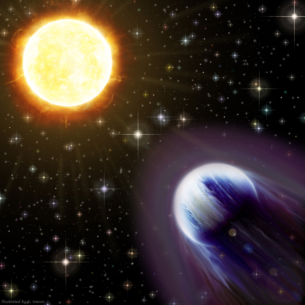 An illustration of the puffy exoplanet WASP-193 b around its sun-like star