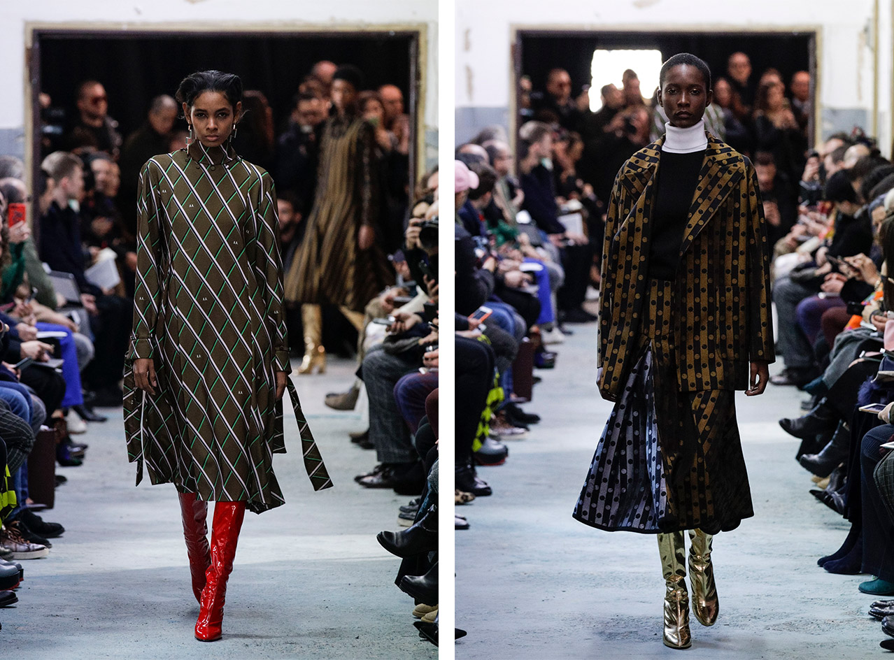 Models wear printed dress with red and metallic polished leather boots pattered jacket with matching skirt