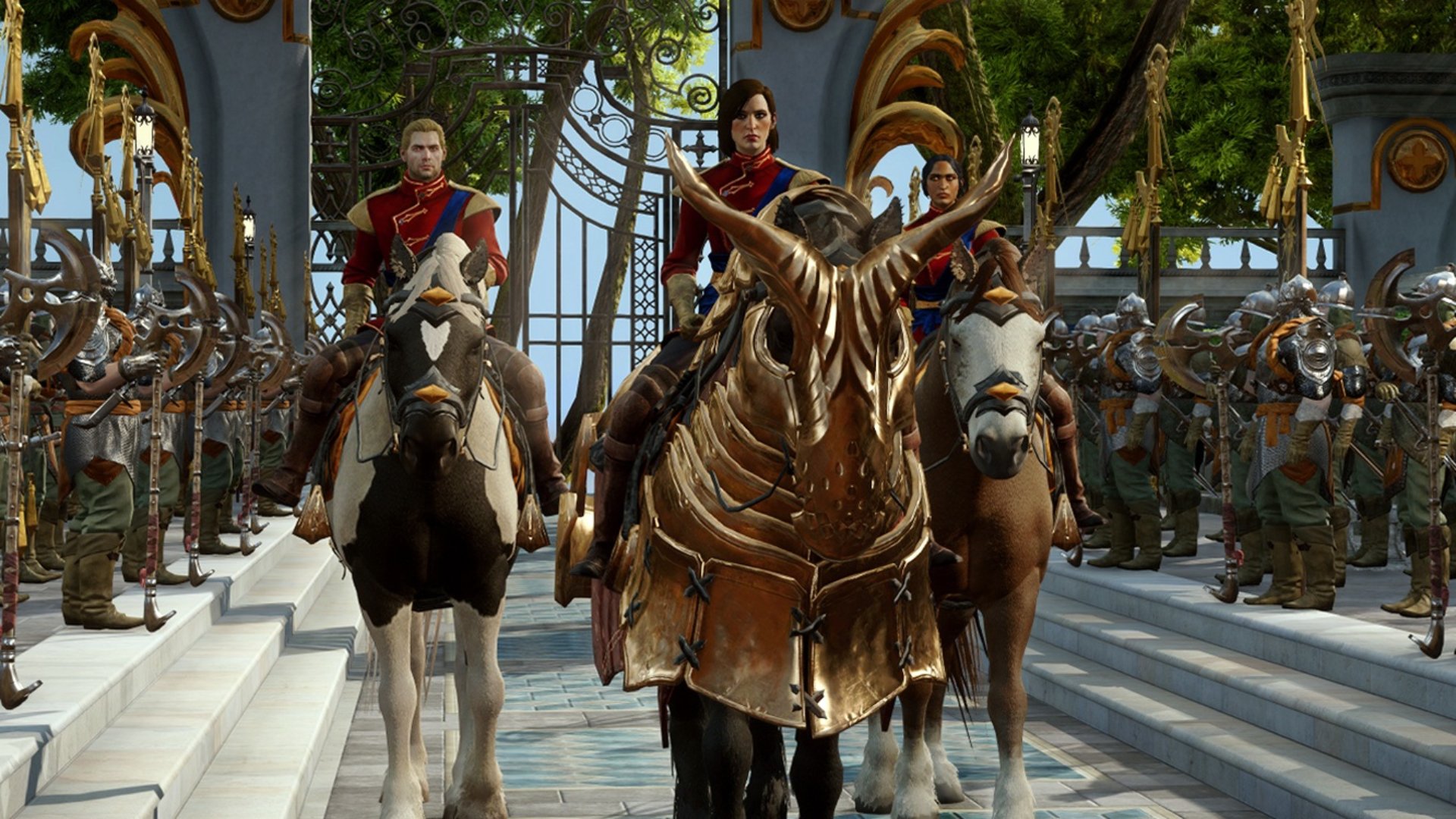 Dragon Age: Inquisition screenshot of the Inquisitor, Cullen, and Josephine riding armored horses in the Trespasser DLC