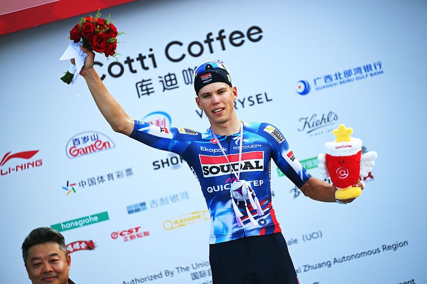 FANGCHENG, CHINA - OCTOBER 14: Paul Magnier of France and Team Soudal Quick-Step celebrates at podium as stage winner during the 6th Gree-Tour Of Guangxi 2025, Stage 1 a 149.4km stage from Fangchenggang to Fangchenggang on October 14, 2025 in Fangcheng, China. (Photo by Tim de Waele/Getty Images)