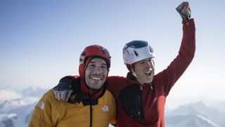 Alex Honnold and Tommy Caldwell celebrating their summit in the Devil's Climb