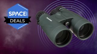 Celestron DX 12x56 binoculars on a purple background with a space.com deals badge