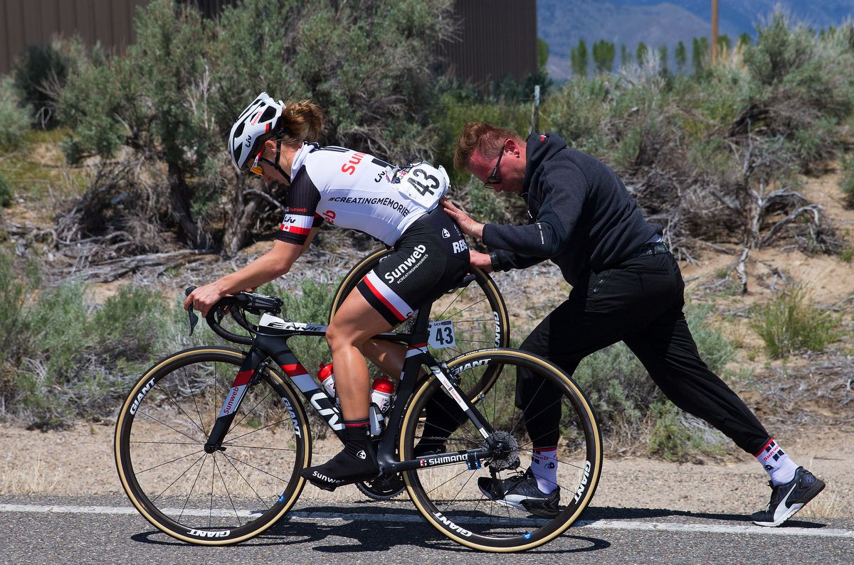 Leah Kirchmann gets a push from the mechanic