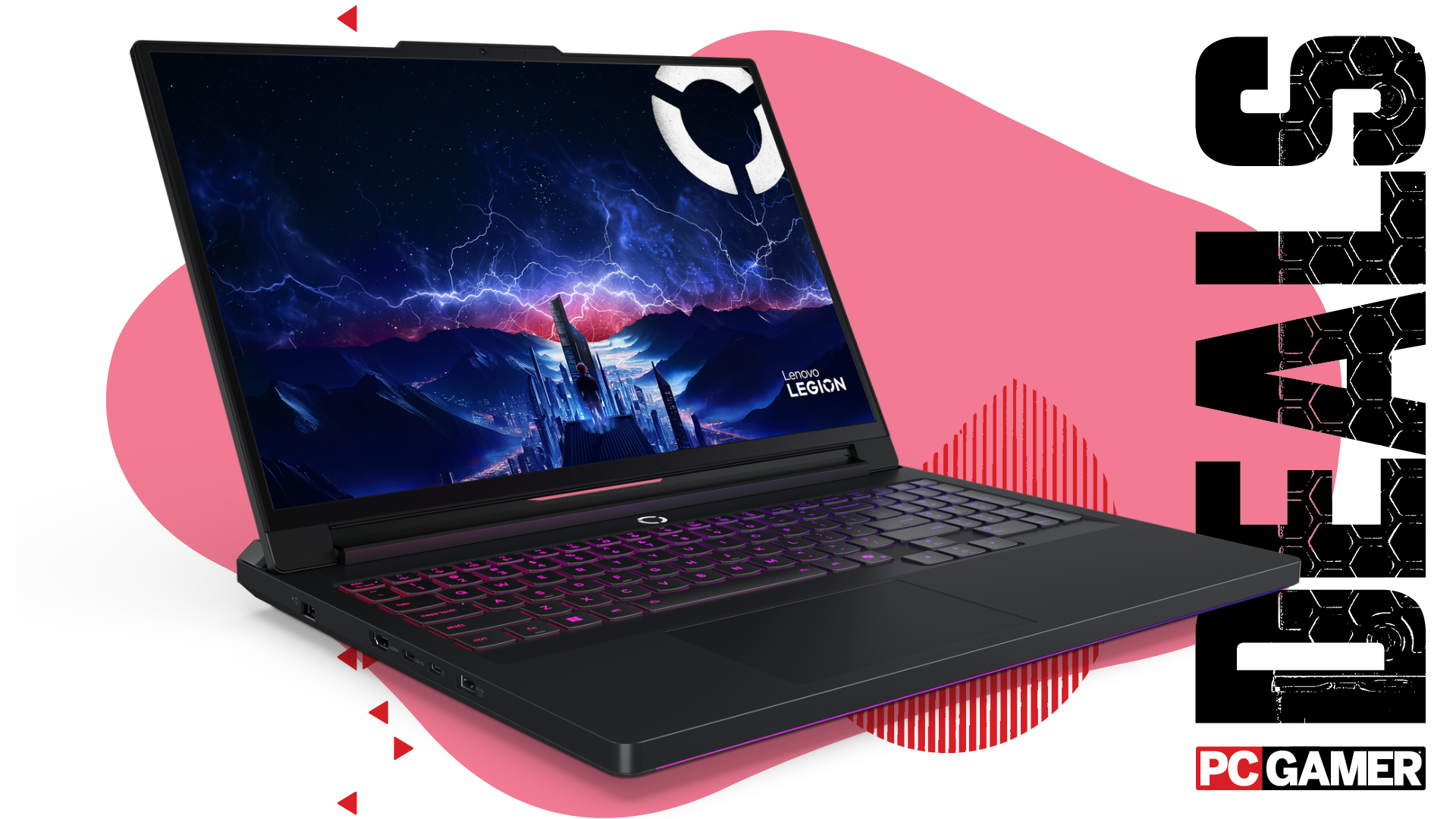 A Lenovo Legion Pro 7i gaming laptop on a pink and white background with "deals" text running vertically down the right edge, and the PC Gamer logo in the bottom right