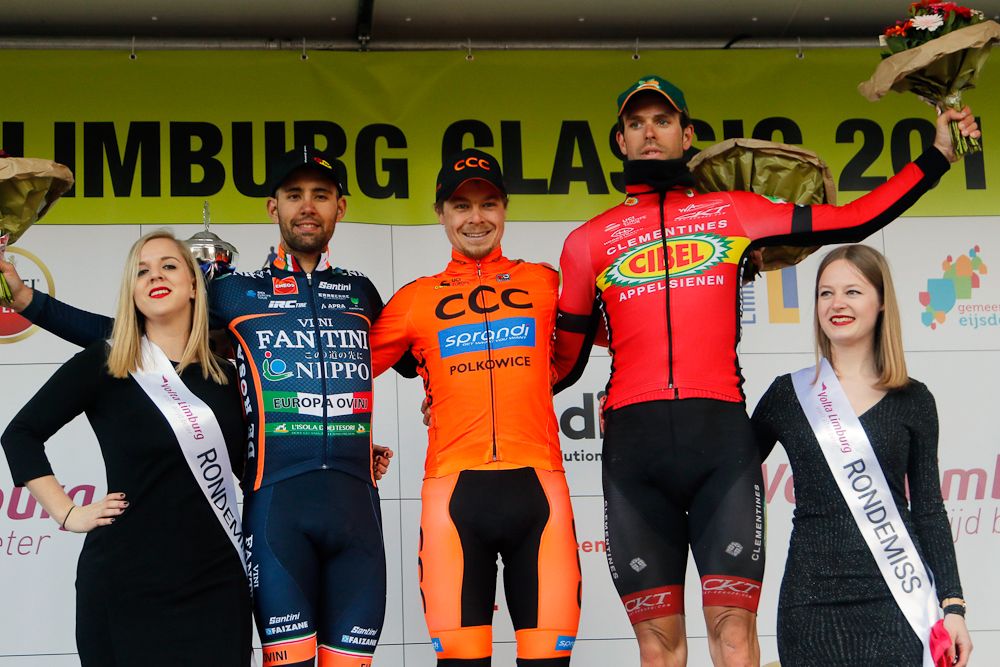 Jan Tratnik, Marco Tizza and Jimmy Janssens on the Limburg podium