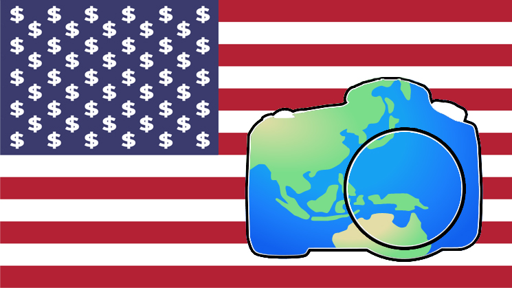 USA flag, with dollar signs replacing stars, with a camera silhouetted on top