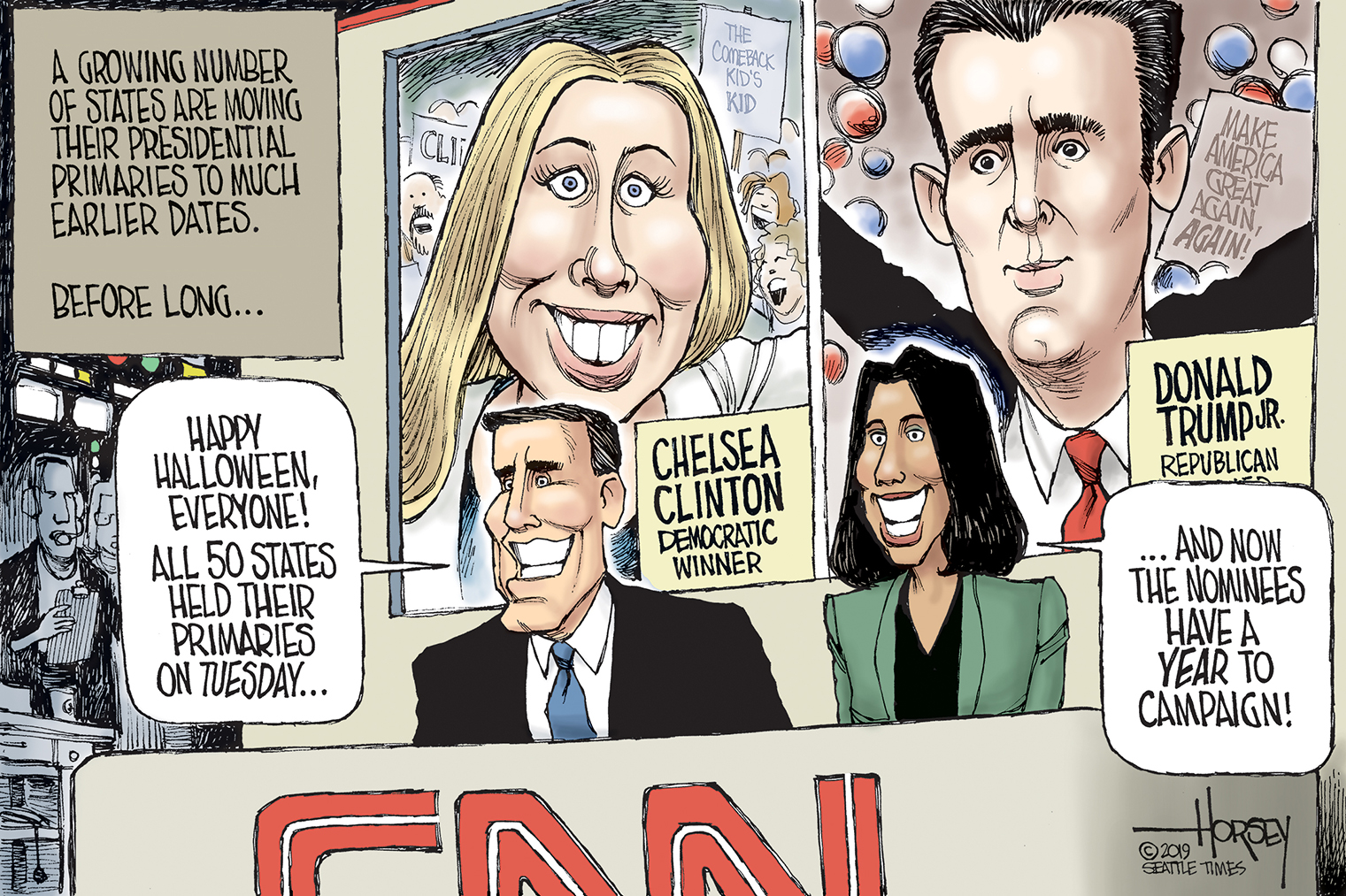 Political Cartoon U.S. Chelsea Clinton Donald Trump Jr. CNN State Primaries Presidential Campaign Season