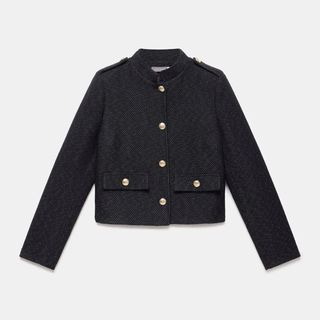 A still of a Mint Velvet black cropped military jacket against a white background