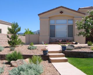 A xeriscaped front yard in a warm climate
