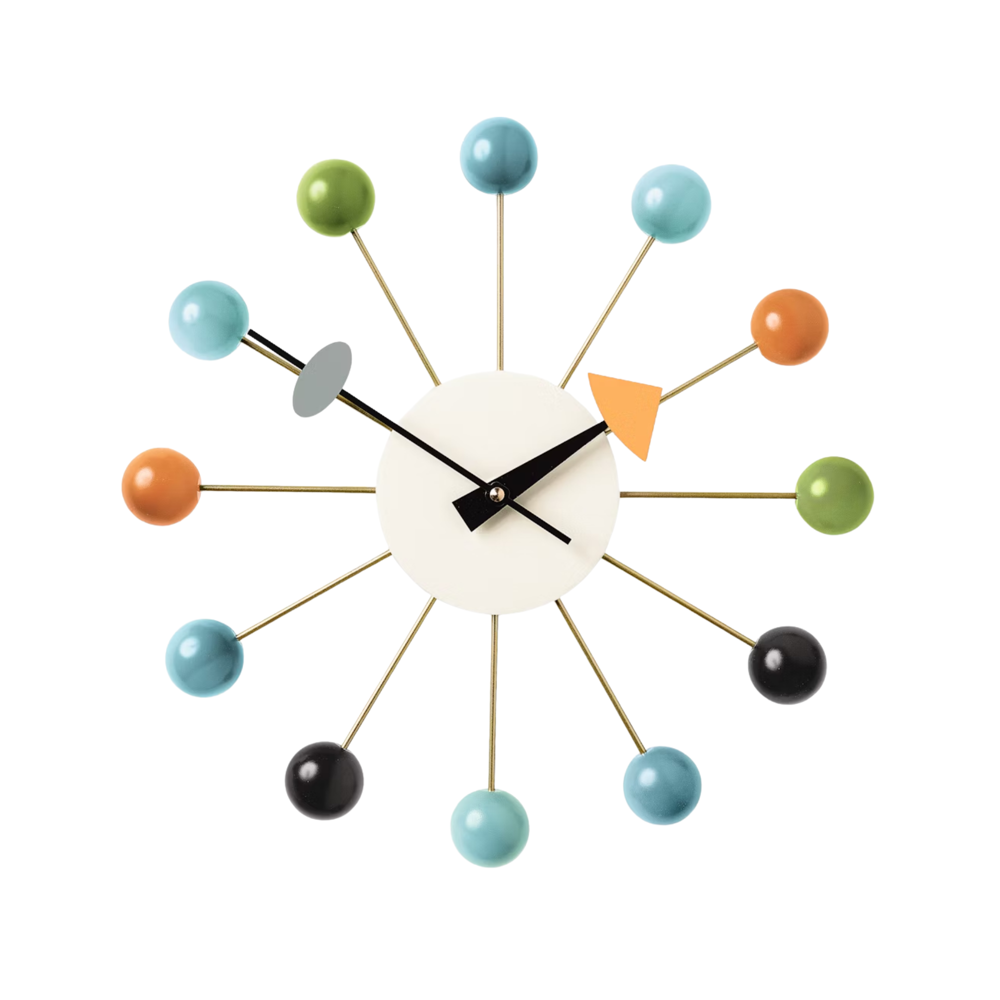 clock made up of twelve metal spokes with a colorful wooden ball at the end to mark an hour