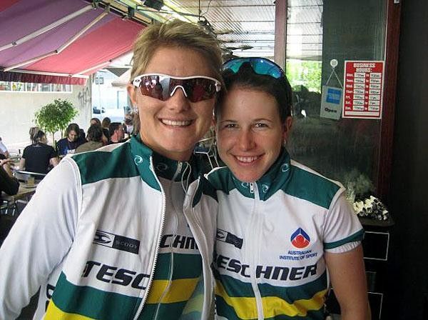 Josie Loane and Amanda Spratt stop from a brew.
