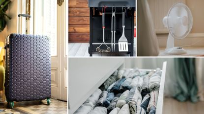 composite of suitcase, bbq tools, electric fan and clothing in drawer