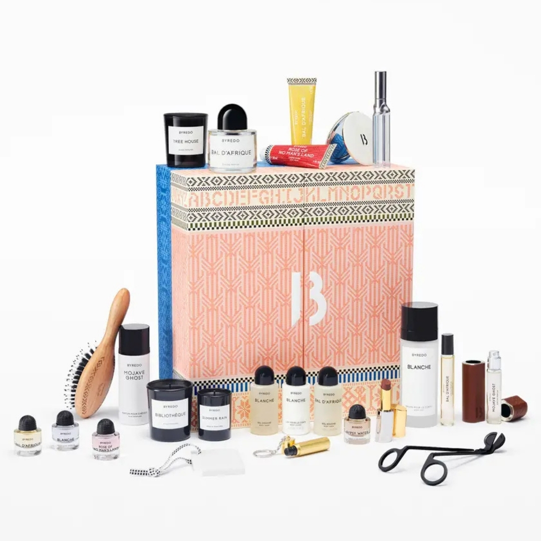 Byredo Advent Calendar 2026 with its contents in front of it