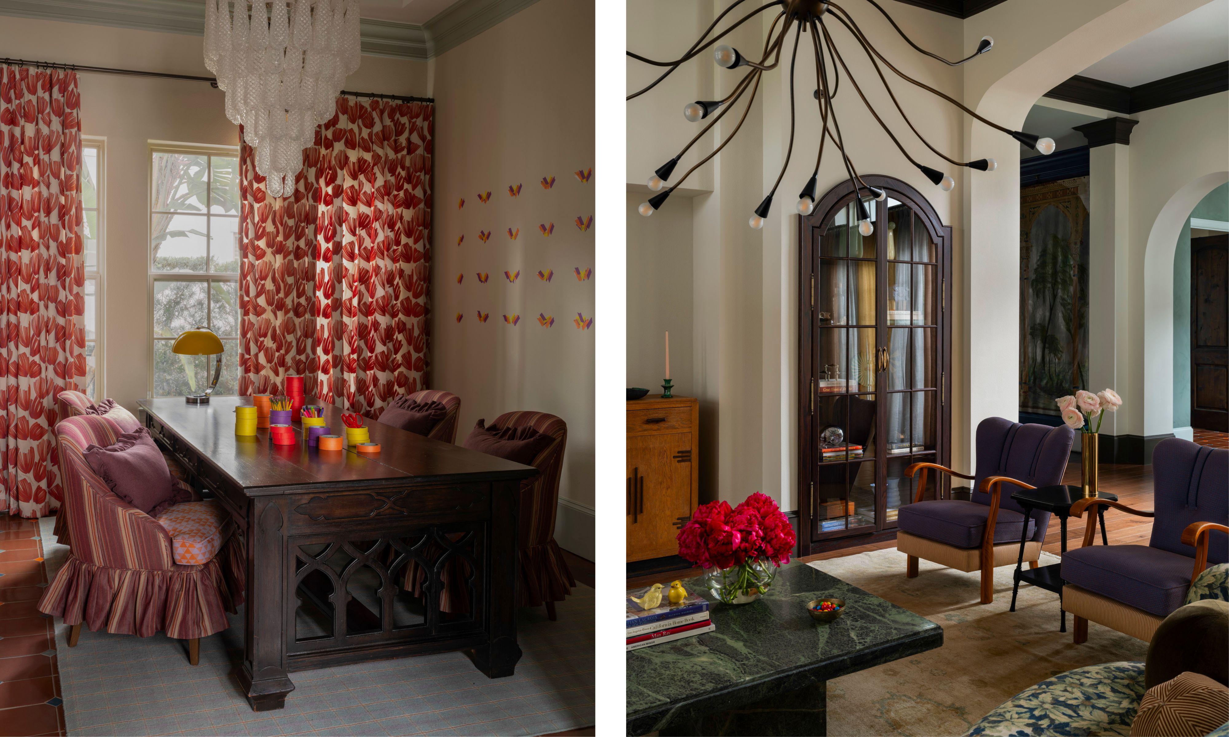 two side by side images of a colorful home office with large antique desk and an eclectic living room with tapestry sofa