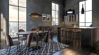 A shot of an industrial style dining room/ bar area