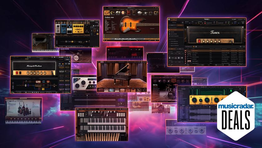 A selection of IK Multimedia plugins for music production on a purple background