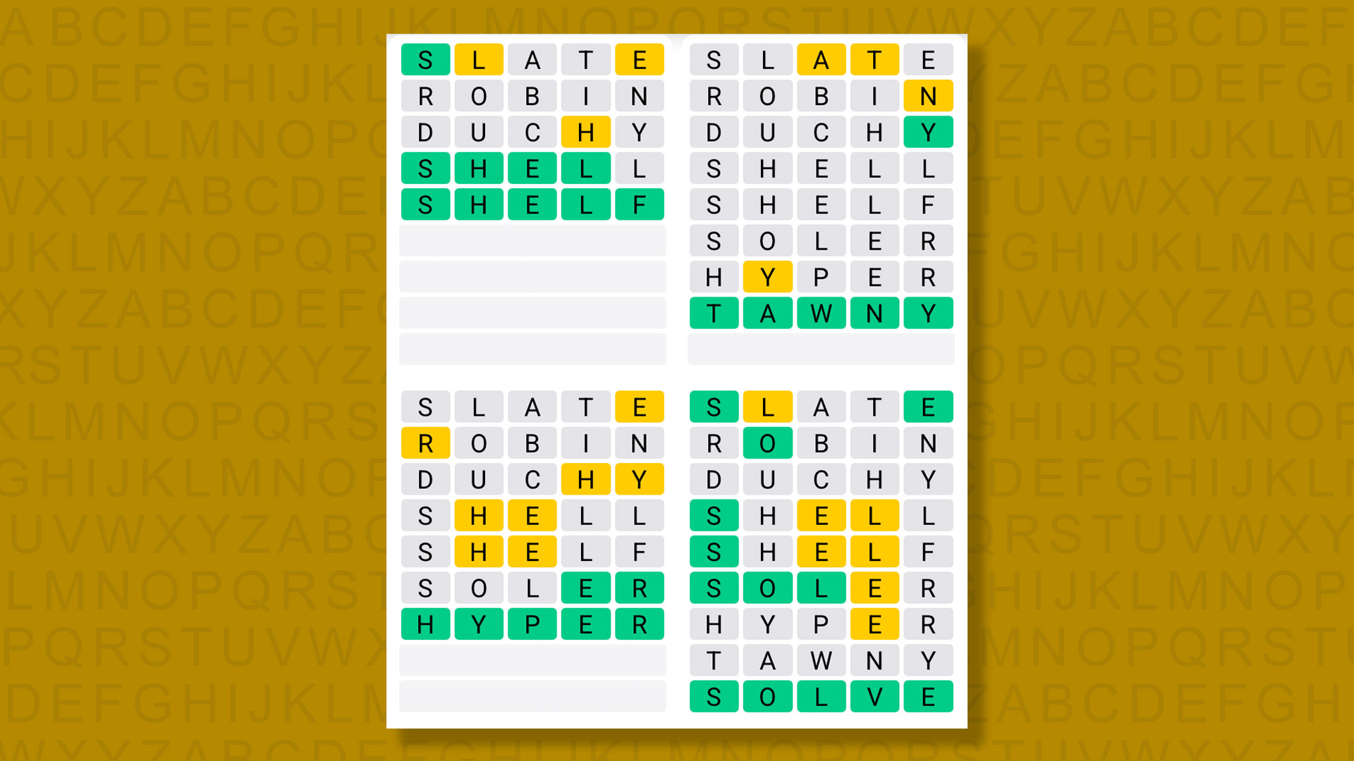 Quordle answers for game 1613 on a yellow background