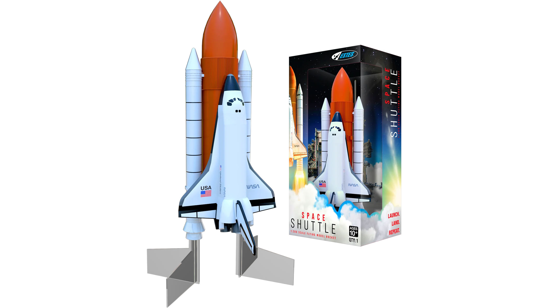 A space craft with two fins by its bottom is attached to an orange rocket, next to a multi-colored product box with the space shuttle on the front, all on a white background.