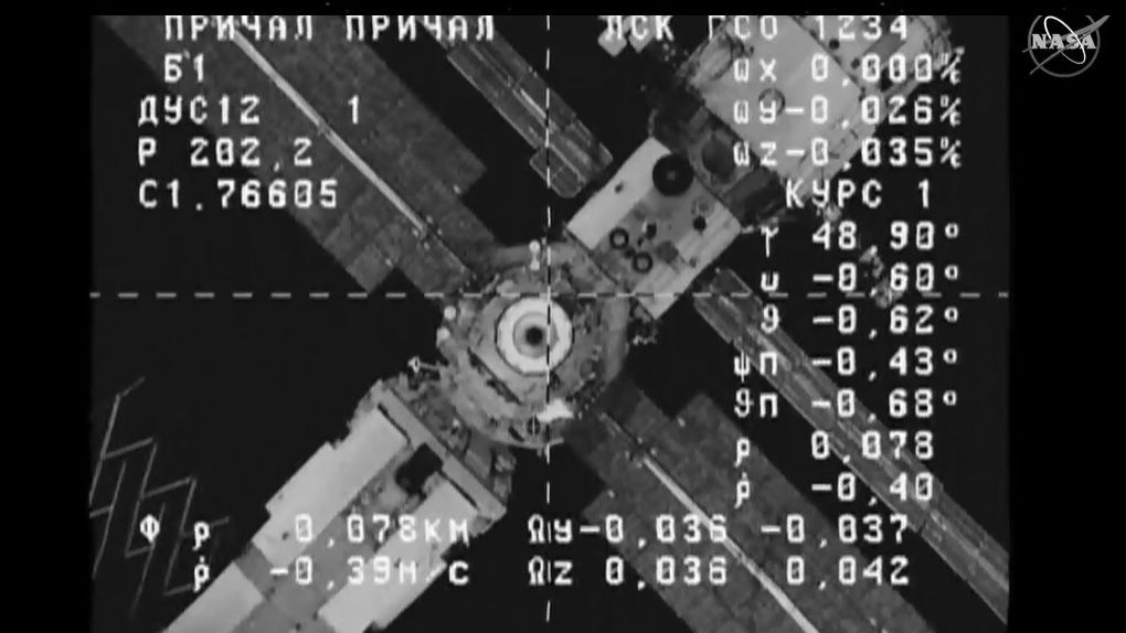 The International Space Station seen by cameras on the approaching Russian Prichal module.