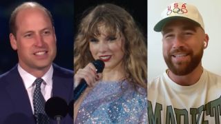 From left to right: Prince William speaking during the Coronation Concert, Taylor Swift singing into a mic wearing a sparkly purple top, and Travis Kelce smiling while wearing a USA hat on New Heights.