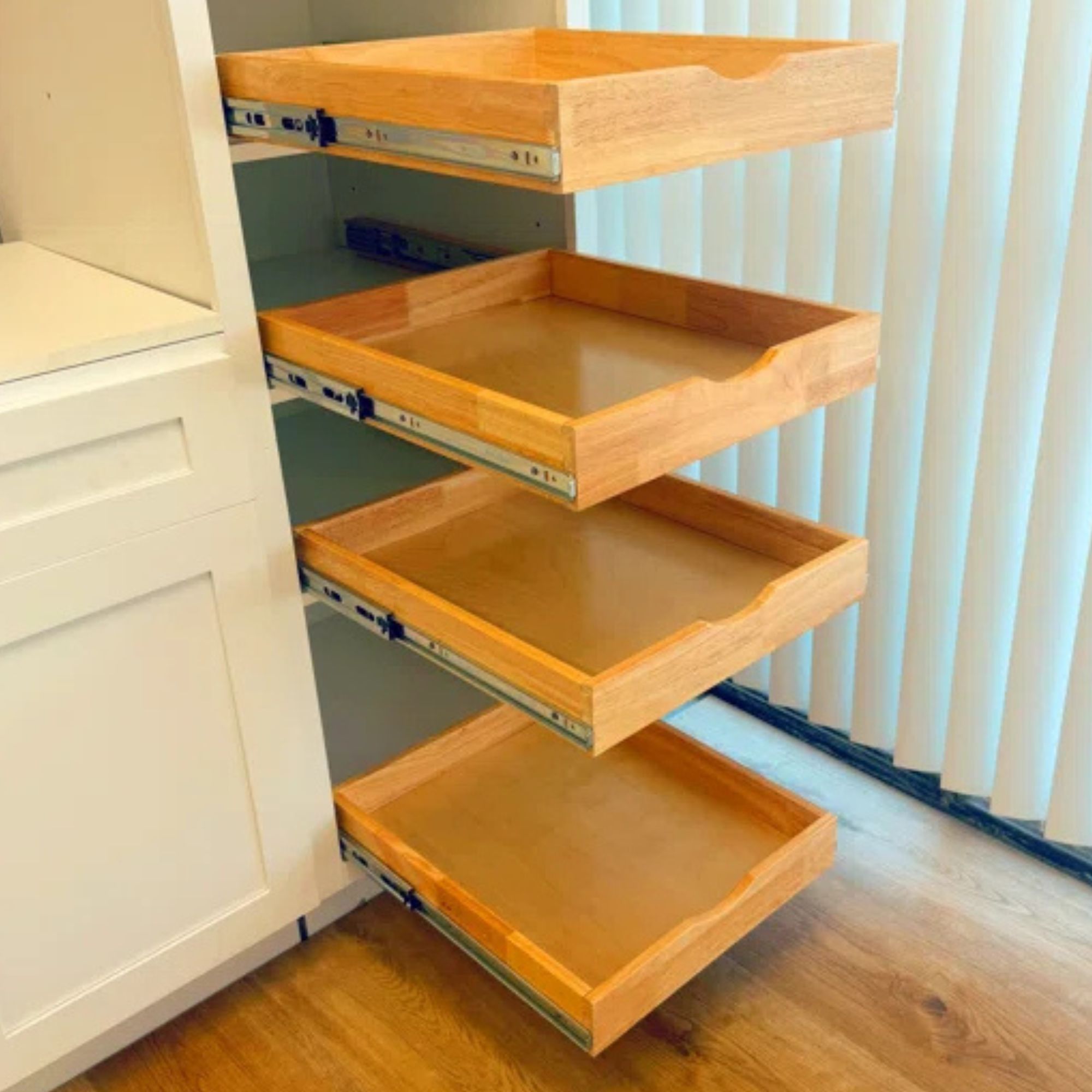 Wooden pull-out tray addition for better cabinet access