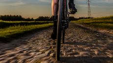 Cyclist riding over cobbles