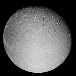 Tectonic fractures on Dione are visible in this Cassini image from 2005.