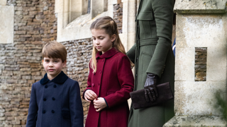 Prince Louis, Princess Charlotte and Catherine, Princess of Wales attend the Christmas Day service at Sandringham Church on December 25, 2022 in Sandringham, Norfolk