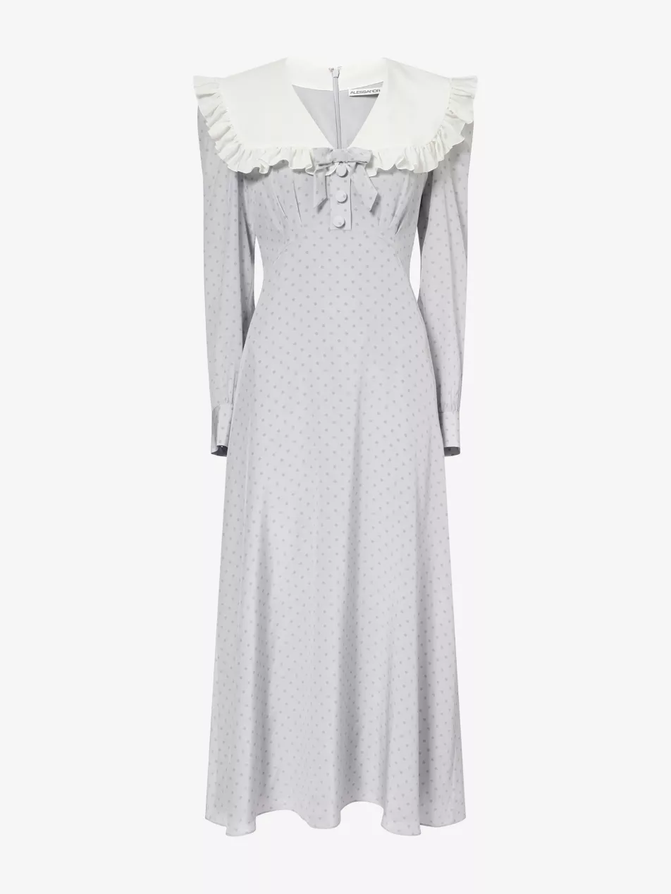 Polka-Dot Frilled-Collar Silk Midi Dress - 6