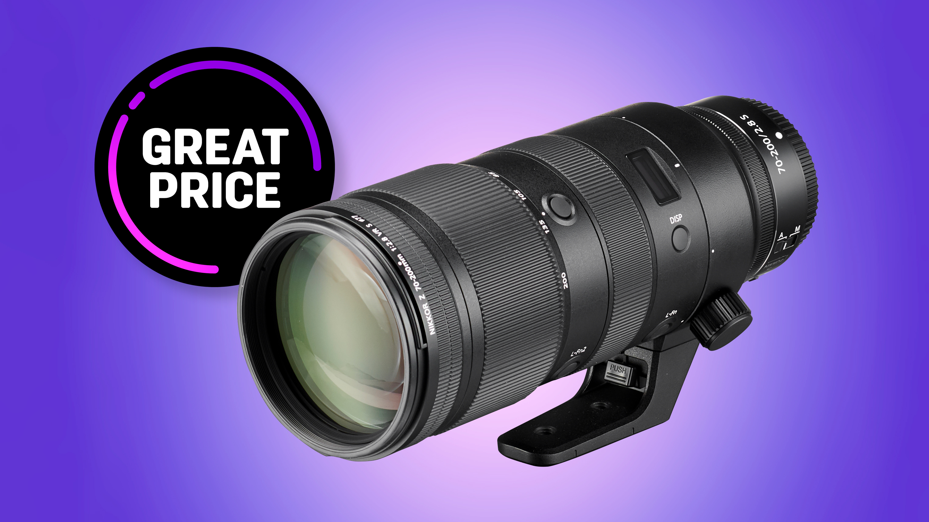 A Nikon camera lens on a purple background, with a "Great Price" badge highlighting a discount
