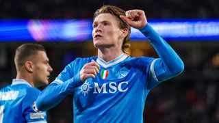 Scott McTominay of SSC Napoli celebrates after scoring his teams first goal during the UEFA Champions League 2025/26 League Phase MD3 match between PSV and SSC Napoli at Philips Stadion on October 21, 2025 in Eindhoven, Netherlands.