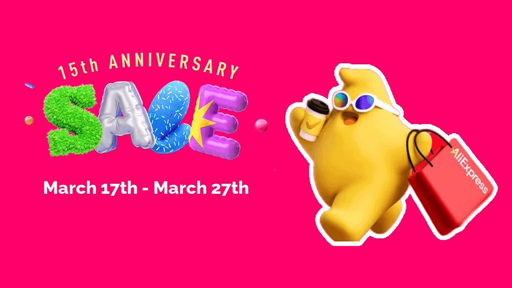 AliExpress 15th anniversary sale promotional image with a cartoon character carrying a shopping bag