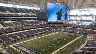 An aerial view of the Dallas Cowboys AT&T Stadium and control room.