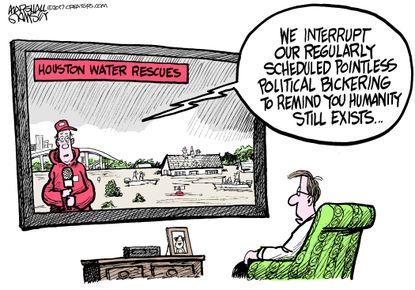 Political cartoon U.S. Harvey rescue national unity cable news