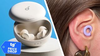 A split screen of the Soundcore Sleep A30 earbuds in their case and a close-up of a Loop earplug placed in a woman's ear. In the bottom left foreground, a deals badge is seen.