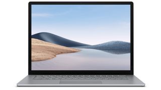 A Microsoft Surface Laptop 4 on a white background, with a desktop displaying a mountain landscape