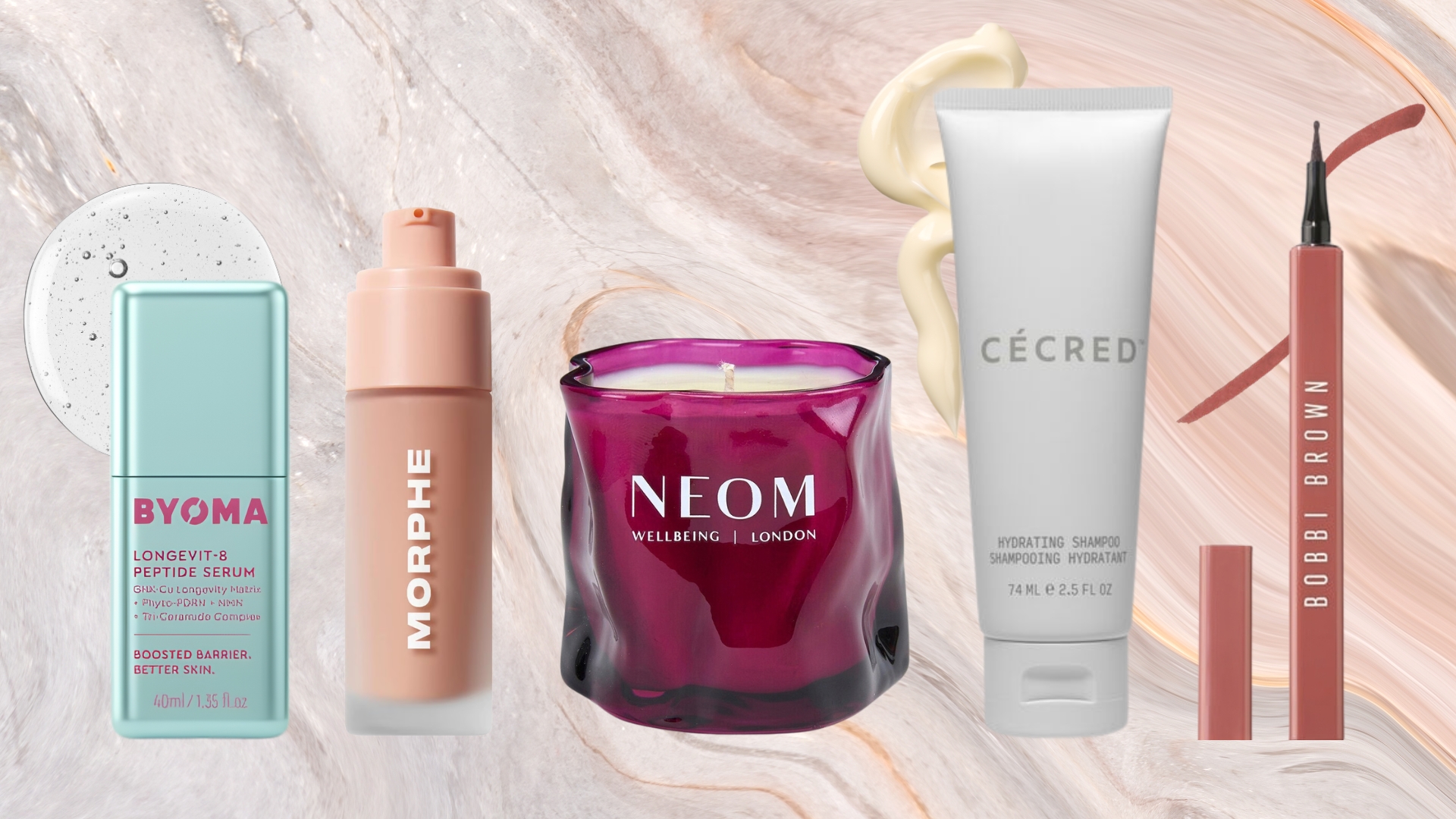 Lineup of new beauty launches under &pound;25 (L-R) from Byoma, Morphe, Neom, C&eacute;cred and Bobbi Brown, on a marble background with serum, cream and lip liner swatches