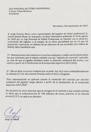 Letter sent by Jorge Messi to LaLiga