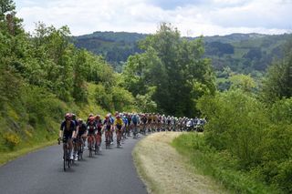 The pack rides during the second stage of the 73rd edition of the Criterium du Dauphine cycling race 173km between Brioude and Saugues on May 31 2021 Photo by Alain JOCARD AFP Photo by ALAIN JOCARDAFP via Getty Images
