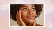 A pink watercolour frame containing a close up image of a woman's face, with curly hair and clear skin, touching her cheek and jawline
