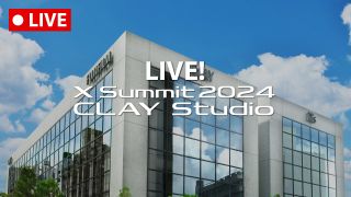 Fujifilm X Summit 2024 Clay Studio logo, with the word "LIVE!" superimposed on an image of the Clay Studio building against a cloudy blue sky