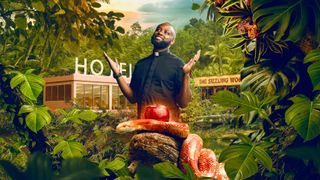 An image of David in his vicar's black shirt and whit collar looking up the heavens superimposed on a jungle background with temptations in the form of a hotel and Chinese take away. There is also a bright red apple in the foreground with a dangerous looking orange snake coiled around it.