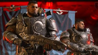 Two players queue for a Gears of War: E-Day online match as Dom