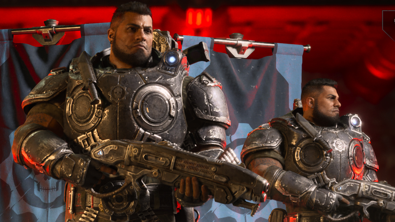 Two players queue for a Gears of War: E-Day online match as Dom