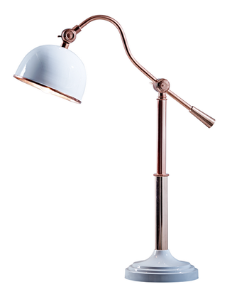 Elegant Desk Lamp with a light grey shade and base with metallic copper curved arm