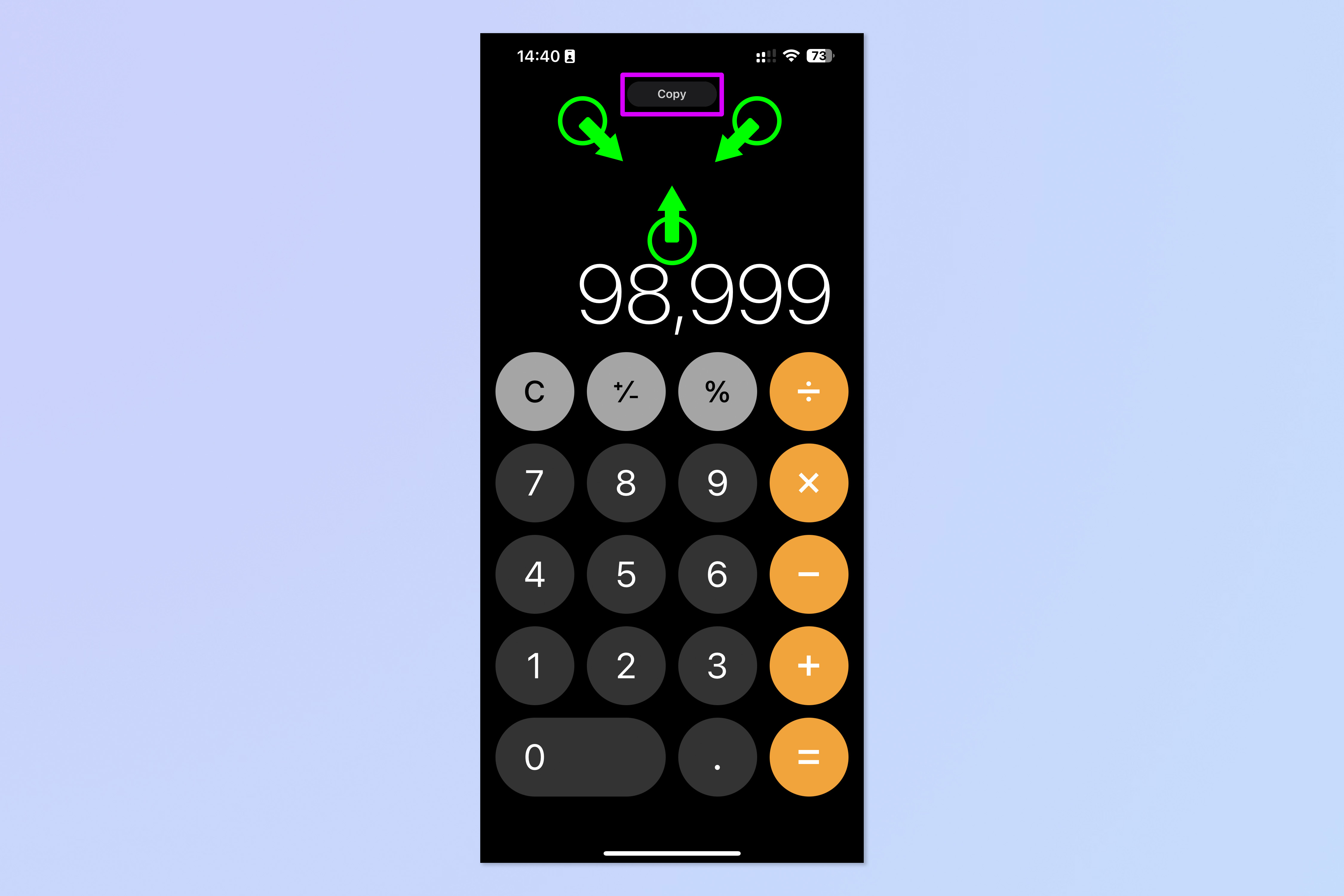 لقطة شاشة توضح كيفية استخدام الميزات المخفية لـ iPhone Calculator